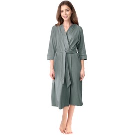 NY Threads Women's Robe Long Knit Bathrobe 3/4 Sleeves Soft Kimono Lightweight Loungewear (Large, Grey)