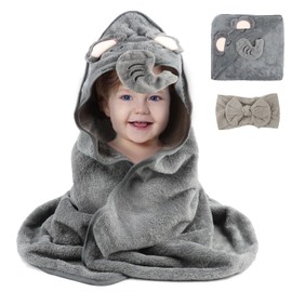 80x80cm Soft Absorbent Baby Bath Towel with Bowknot Hair, Baby Towels with Hood Ultra Soft Hooded, Unique Cartoon Animal Design Baby Bath Towel, Extra Large Cotton Hooded Baby Towel for Boys Girls