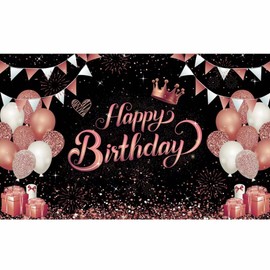 Happy Birthday Banner, 110 x 180 cm Black Rose Gold Birthday Decoration Background Party Decoration Backdrop Banner for Women Men Girls Boys Birthday Anniversary Party
