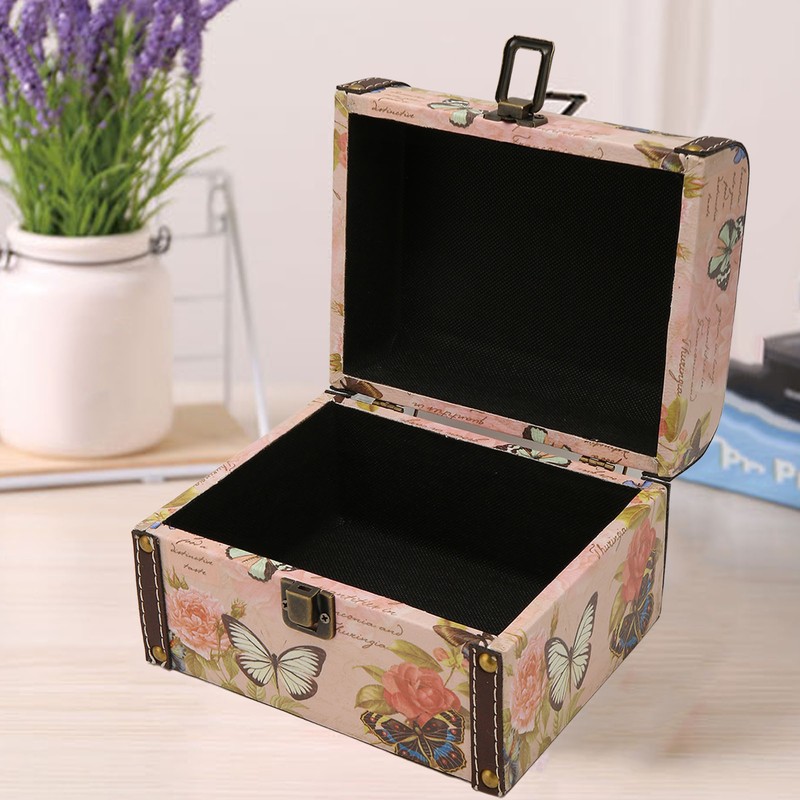 Treasure Chest Box Pink Butterfly Pattern Exquisite Retro Wooden PU