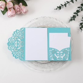 C-POSH Message Cards, Greeting Cards, Laser Cut, Pockets, Tri-Fold Lace Envelopes with Blank Cards, Wedding Gift, Party, Invitations, White (Turquoise/White Cards)