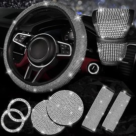 NBTEPEM 8 pcs Bling Car Accessories Set for Women, Bling Rhinestone Diamond Steering Wheel Cover, Sparkly Seat Belt Covers, Bling Gear Shift Cover, Universal Fit Most Cars (Silver Diamond)
