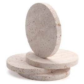 Travertine Stone Coasters for Drinks Round Set of 4 Modern Marble Coaster for Home Office
