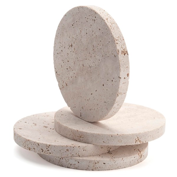 Travertine Stone Coasters for Drinks Round Set of 4 Modern