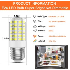 KEI D34L Refrigerator LED Bulb (80W Equivalent) W11216993 E26 Appliance Bulb Replace AP6278388 PS12364857 KEL3418L 4584444, 2pack (Daylight White) 85V-265V