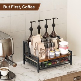 TQVAI Coffee Syrup Organizer, 35 Capsule 2-Tier K Cup Holder with Sliding Pod Drawer & Dividers, Wooden Coffee Bar Station Organizer for Countertop, Vintage/Black