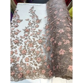 NEW CREATIONS FABRIC AND FOAM INC ROSE GOLD PRINCESS 3D FLORAL EMBROIDER WITH PEARLS ON A MESH-SOLD BY THE YARD.
