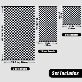 Black and White Towels Set of 8, Cute Checkered Towels for Bathroom Decor, 2 Bath, 2 Hand, 4 Washcloths, Cotton