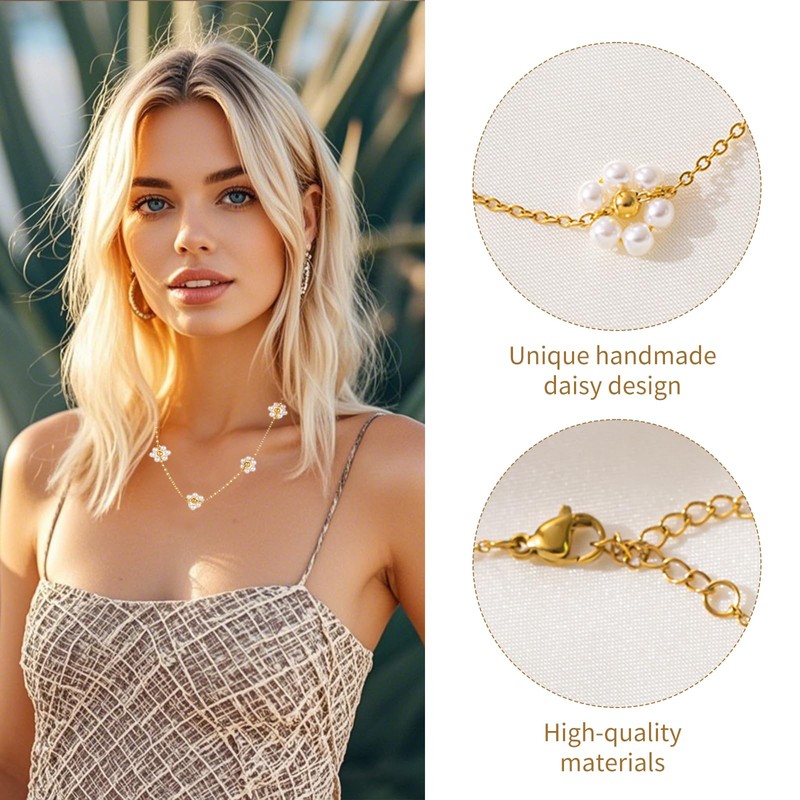 Pearl Necklace for Women Daisy Design Necklace and Bracelet Set,