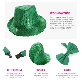 ST PATRICKS DAY GREEN SEQUIN FEDORA/TRILBY AND GREEN SATIN BOW TIE SET PERFECT FOR ANY IRISH ST PADDYS DAY FANCY DRESS PARTY FOR MEN AND WOMEN (PACK OF 1)