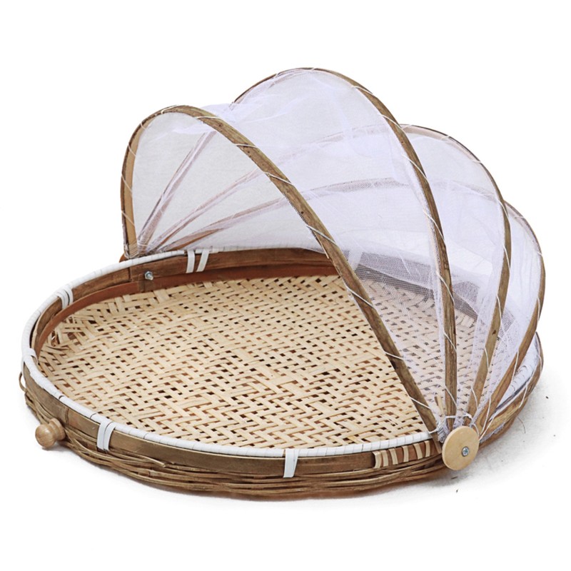 Covered Bamboo Serving Food Tent Basket Hand Woven Round Food
