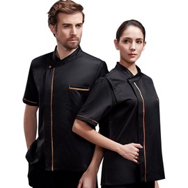 Unisex Chef Jacket - Shoulder Cool Vent Chef Coat Gold Edge Working Chef Uniform, Black