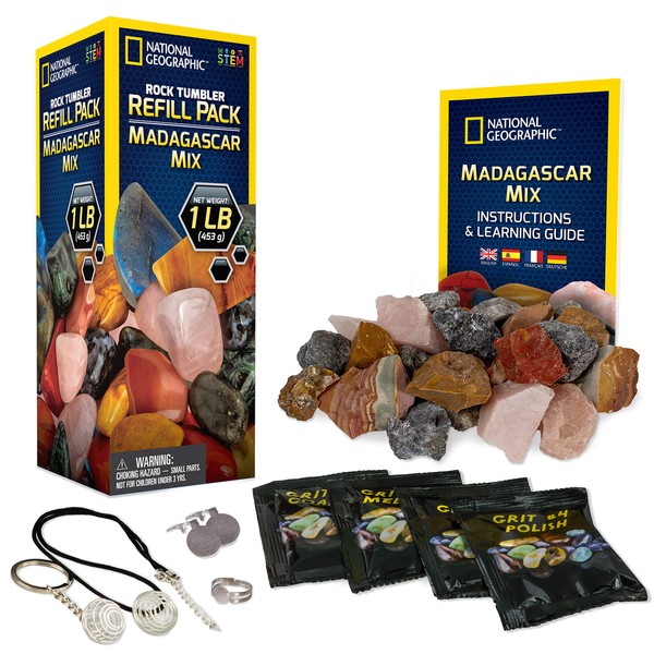 NATIONAL GEOGRAPHIC Rock Tumbler Refill – 1 Lb Mix of Rocks from Madagascar for Rock Polishers, 5 Jewelry Fastenings & Rock Polishing Grit