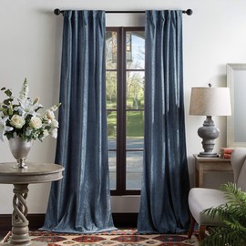 MARTHA STEWART Naples Chenille Solid Back Tab Window Curtain Panel Pair, 84", Navy