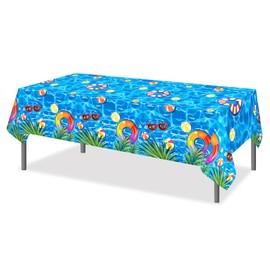 2 Pieces Pool Party Tablecloth Summer Swimming Party or Birthday Tablecloth Summer Swimming Balls Lifebuoy Water Wave Ripple Hawaiian Table Cover Plastic Waterproof Rectangle Table Cover,54 x 87 Inch