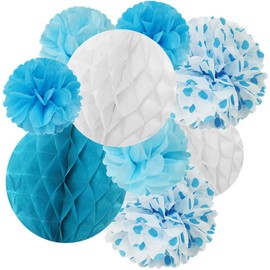 Wrapables A69903 Set of 21 Tissue Honeycomb Ball & Pom Pom Party Decorations, Blue/Light Blue/Aqua/White
