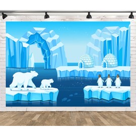 CORFOTO Arctic Icebergs Landscape Backdrop Fabric 10x6.5ft Winter Ocean Igloo Polar Bears Penguins Background for Arctic Themed Birthday Decorations Polar Animals Party Decor Kids Photo Booth Props