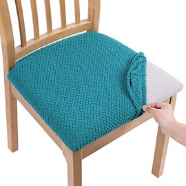 Homaxy Dining Chair Seat Covers Set of 6, Stretch Jacquard Dining Chair Slipcovers Seat Protector with Buckle for Dining Room Kitchen, Teal