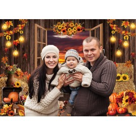 Fall Backdrop for Photography Autumn Pumpkin Sunflowers Rustic Wooden Barn Window Background for Fall Theme Birthday Baby Shower Party Decorations Thanksgiving Day Banner (7x5FT（210x150cm）)