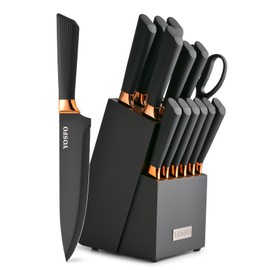 YOSFO Kitchen Knife Set,15 Pcs Knife Set with Block and Sharpener,High Carbon Stainless Steel Ultra Sharp,Dishwasher Safe