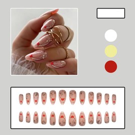 24 Pcs Press on Nails Short Almond Fake Nails with Red Heart Designs Gold Glitter False Nails Cute White Line French Stick on Nails Full Cover Acrylic Glue on Nails for Women Girls