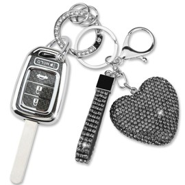 Simocky Key Fob Cover with Diamond Heart Keychain, Car Key Shell for Women, Compatible with Honda 2013-2016 Accord Crosstour 2014-2015 CR-V Civic 2016-2017 HR-V Protector (4 Buttons-Black)