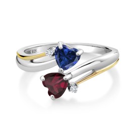 Gem Stone King 925 Sterling Silver and 10K Yellow Gold Blue Created Sapphire Red Rhodolite Garnet and Lab Grown Diamond Women Heart Shape Ring (1.07 Cttw, Available In Size 5, 6, 7, 8, 9)
