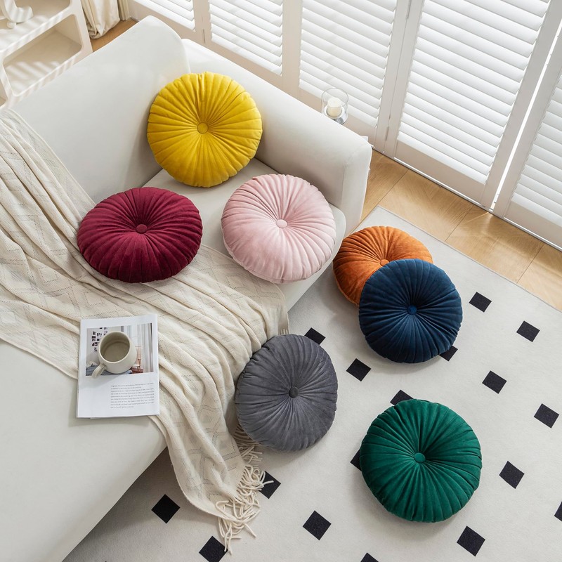 Teieas Velvet Round Throw Pillow Pleated Round Pillow Cushion Decoration