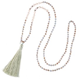 Kelitch Bohemian Natural Fresh Water Pearl Crystal Bead Tassel Necklace Long Y Chain, Silver Plated, White