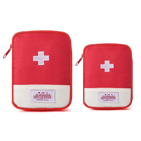 Travel Mini First Aid Bag, Pack of 2 Portable Mini First Aid Kit Storage Bag for Medicine Boxes, Reusable Medical Kits Empty Rescue Bag for Camping Hiking Emergency, red