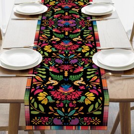 Croar Dia De Los Muertos Flower Mexican Fiesta Dining Table Runner, Mexico Day of The Dead Floral Burlap Kitchen Decoration, Cinco De Mayo Indoor Outdoor Home Decor Party Supply 13 x 72 Inches