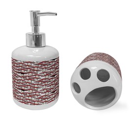 Ambesonne Mushroom Soap Dispenser & Toothbrush Holder Set, Toadstool Mushrooms October Seasonal Growth Nature Forest Pattern Cartoon, Ceramic Bathroom Toiletry Accessories, 2 Pcs, Black White Red