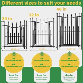 10 Panels No Dig Decorative Garden Fence with Gate, 24in(H) × 22ft(L) Heavy-Duty Rustproof Metal Panels, Outdoor Dog Barrier for Yard & Patio, Landscape, Border| Portable Temporary Fencing
