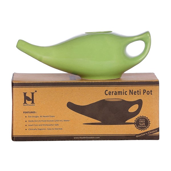 HealthGoodsIn Ceramic Neti Pot, Dishwasher Safe Premium, Comfortable Spout for Sinus Care, 225 Ml. Capacity - Green