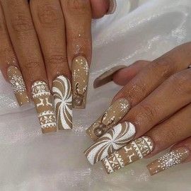 Christmas Deer Press on Nails 24 Pcs White Snowflake False Nails Matte Silver Glitter Curve Line Acrylic Fake Nails Stars Gel Glue on Nails Xmas Elk Stick on Long Square Nails for New Years Gift Women