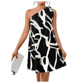 Floerns Women's Allover Print Knot One Shoulder Sleeveless Casual Tunic Dress Black and White Medium