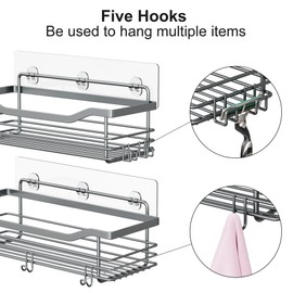 Orimade Shower Caddy Basket Shelf Storage Rack, No Drilling Wall Mounted Adhesive Rust Proof Stainless Steel Shower Organizer with 5 Hooks for Bathroom, Grey 2 Pack