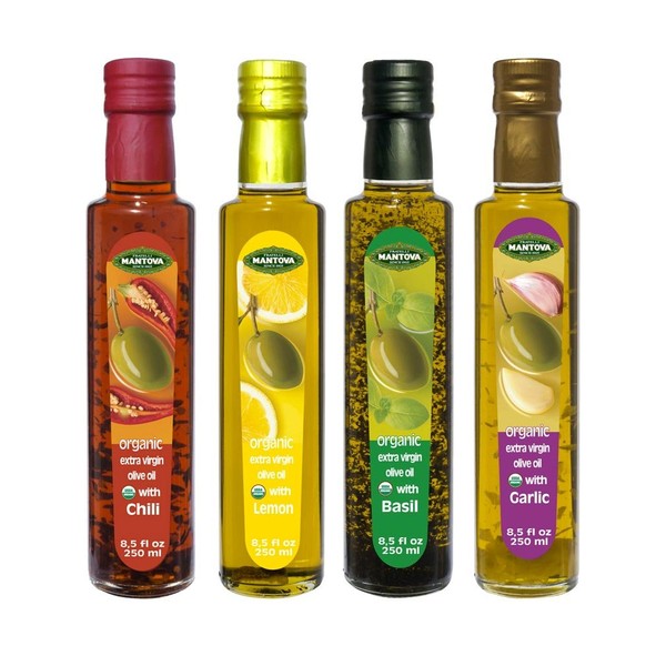 Mantova Flavored Extra Virgin Olive Oil Variety Pack: Garlic, Basil, Chili, Lemon Organic Extra Virgin Olive Oil, 8.5-Ounce Per Bottle (Pack of 4) Great Gift Item