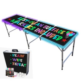 8-Foot Beer Pong Table w/LED Glow Lights & Pong Balls - Black Dry Erase Surface w/Markers