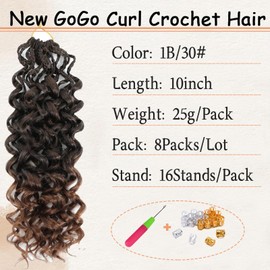 Lanse Gogo Curl Crochet Hair 10 Inch 8 Packs Ombre Brown Ocean Wave Deep Twist Goddess Box Braids Pre Looped Short Curly Water Wave Synthetic Braiding Hair for Women Girl Kids (T/30, 10inch)