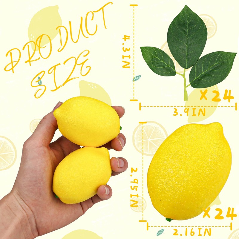 Lorigun 48 Pcs Fake Yellow Lemons with Leaves, Artificial Yellow