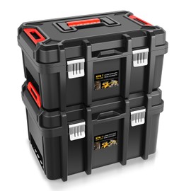 Auto Dynasty Universal Lockable Organizer Storage Tool Box with Removable Tray For Garage Workshop and Household, High Capacity, Black/Red
