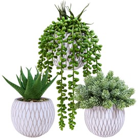 Winlyn 3 Pcs Small Faux Potted Plants Artificial Aloe Hops String of Pearls Succulents Plants in Gray Geometric Concrete Pots for Indoor Outdoor Greenery Shelf Home Bathroom Office Desk Tabletop Décor