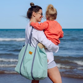 MOMOMUS Große Strandtasche XXL Familie - Wendbar, Gestreiftes und glattes Design, Geräumig - 50x40, Blau-Grün Meer