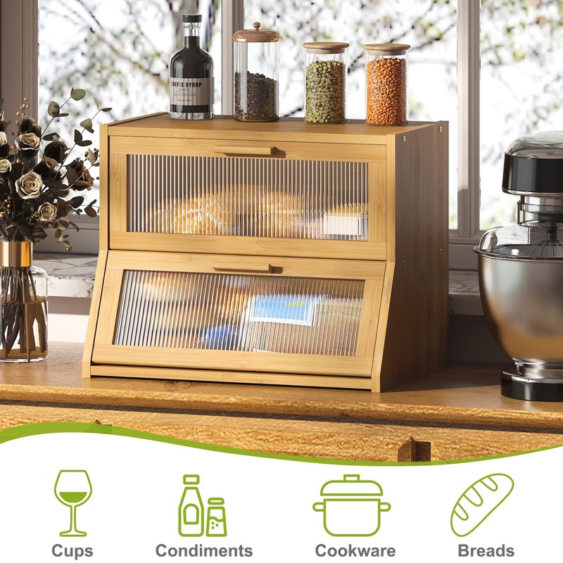 Large Bread Box Double Layer Bamboo Bread Box for Kitchen