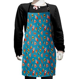 Ambesonne Food Apron, Delicious Doodle of Donuts Hot Dog Soda Cup Hamburger Fries and Pizza Slices, Small Apron Bib with Adjustable Ties for Baking Painting, Small Size, Sea Blue Multicolor