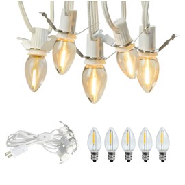 Kiraralite C7 String Bulbs Christmas Village Light Accessory Cord 5 Base with 5 LED Light Bulb Universal Clip White Cord with On/Off Spare Fuse Switch Plugs for Decorations Christmas Village House