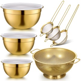 Baderke 7 Pcs Gold Kitchen Accessories Includes Stainless Steel Colander with Handles, 3 Gold Mixing Bowls with Airtight Lids and 3 Fine Mesh Strainer(Colander: 3 Qt, Mixing Bowls: 0.8/1/1.5 Qt)