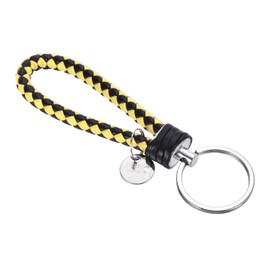 PATIKIL Braided Leather Keychain with Stainless Steel Key Ring Sleeve, PU Woven Wristlet Lanyard Strap Fob Keyring Holder for Car Bag Wallet Pendant, Black Yellow