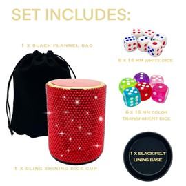 Bling Dice Cup Velvet Felt-Lined Quiet Shaker with Lid Includes 12 Dices Plastic Dice Cup Set for Bar Party Family Yahtzee Farkle Classic Dice Games (Red)